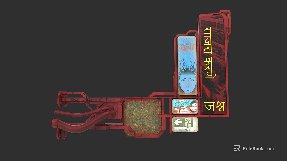 Artistic Red Frame Pendant Featuring Blue Face Design and Intricate Decorative Patterns 3d model 