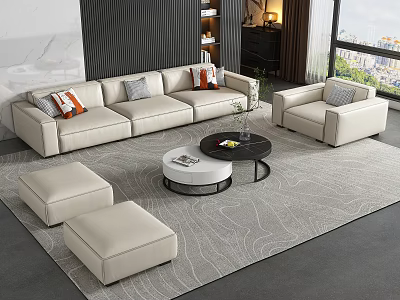 Elegant Modern White Leather Sofa Coffee Table Set with Ottoman Grey Rug Pillows in Living Room 3d model