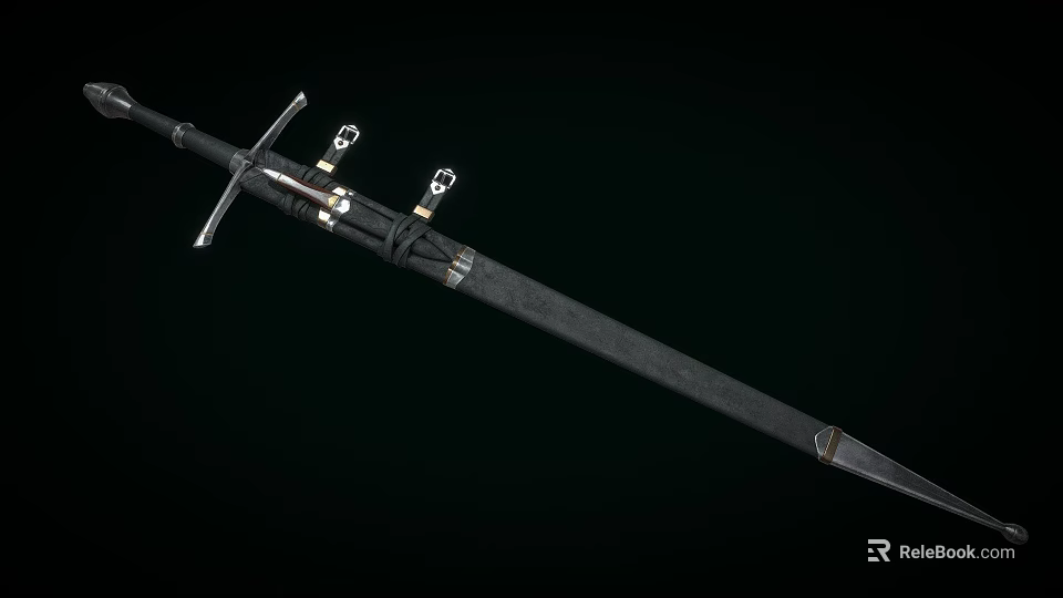 Antique Weapon Medieval Sword With Black Hilt Silver Fittings Leather Wrapping And Sharp Blade 3d model 