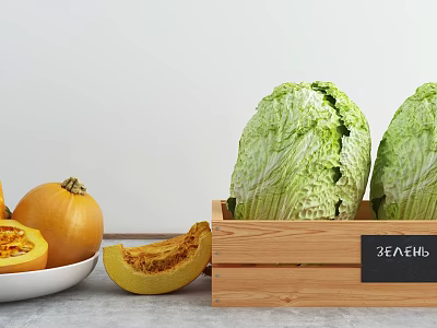 Fresh Vegetables Display with Green Cabbages in Wooden Crate and Pumpkin Slices in White Bowl 3d model