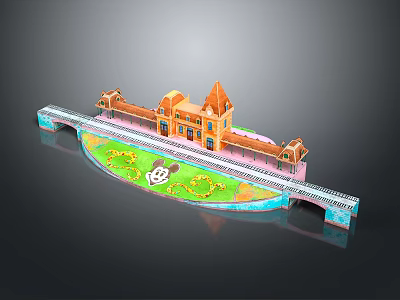 3D Model Castle Building With Bridge Green Lawn And Decorative Patterns 3d model