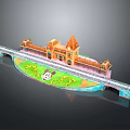 3D Model Castle Building With Bridge Green Lawn And Decorative Patterns