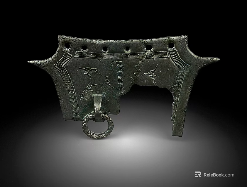 Ancient Bronze Artifact Featuring Intricate Carvings Decorative Holes And Hanging Ring 3d model 