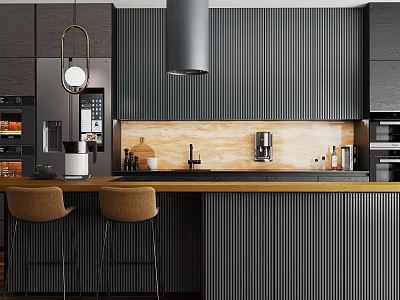 Modern Kitchen Interior Design With Dark Cabinets Wooden Countertop Bar Stools And Pendant Lights 3d model