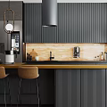 Modern Kitchen Interior Design With Dark Cabinets Wooden Countertop Bar Stools And Pendant Lights