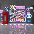 Colorful Neon Decorative Lights Display With Red Telephone Booth Street Signs And Potted Plant