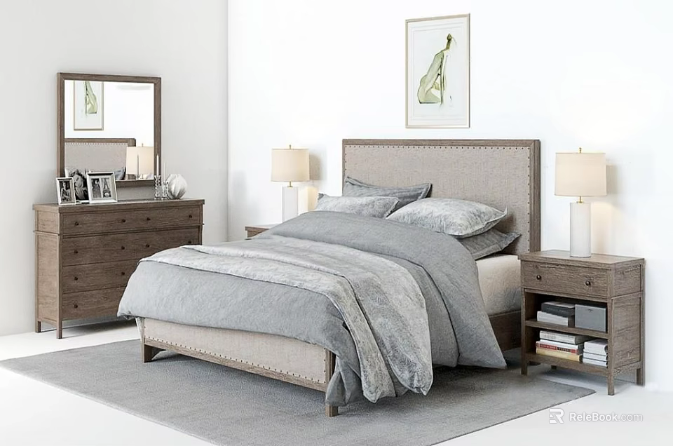 Modern Bedroom Interior With Double Bed Gray Bedding Nightstands Table Lamps And Artwork 3d model 