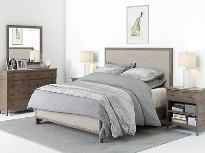Modern Bedroom Interior With Double Bed Gray Bedding Nightstands Table Lamps And Artwork 3d model