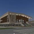 Modern Architectural Building With White Facade Glass Windows Wooden Structure Sloped Roof In Urban Square