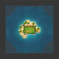 Cartoon Island Scene With Soccer Field Palm Trees Surfboards Banana Boat Umbrella And Soccer Ball