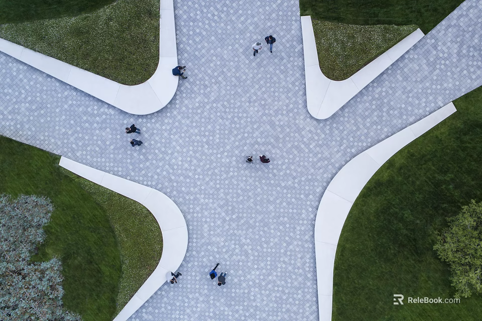 Urban Plaza Landscape With Aerial View Geometric Pavement Curved White Lines and Green Lawns 3d model 