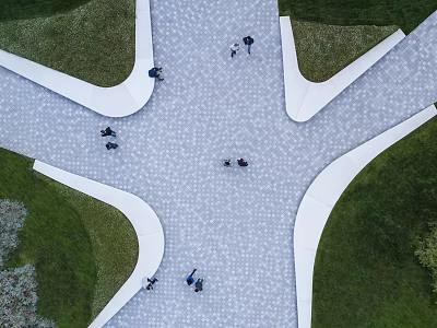 Urban Plaza Landscape With Aerial View Geometric Pavement Curved White Lines and Green Lawns 3d model