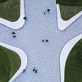 Urban Plaza Landscape With Aerial View Geometric Pavement Curved White Lines and Green Lawns