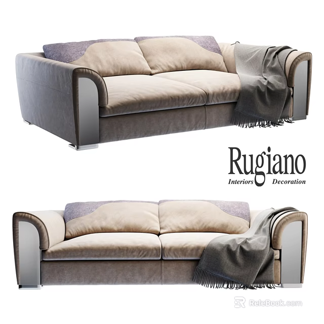 Rugiano Two Seater Sofa With Beige Gray Upholstery Purple Cushions And Gray Throw Blanket 3d model 