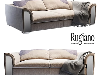 Rugiano Two Seater Sofa With Beige Gray Upholstery Purple Cushions And Gray Throw Blanket 3d model