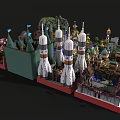 Vibrant Cartoon Scenery Featuring Various Buildings Rocket Spires Green Plants And Decorative Designs
