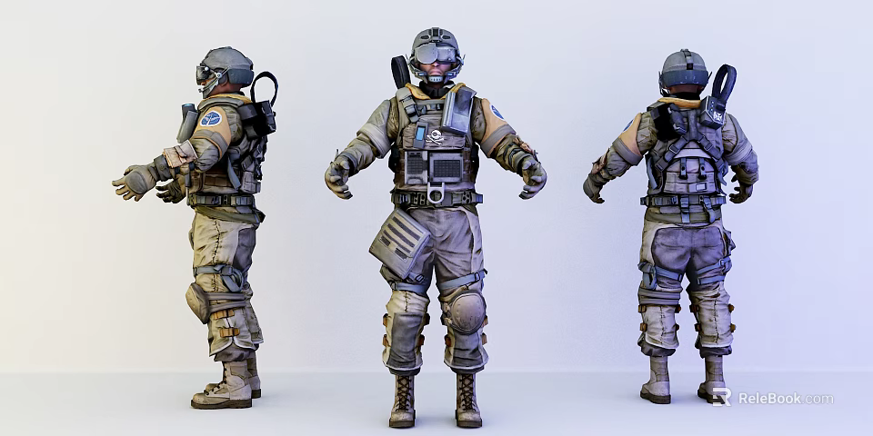 Man In Tactical Military Uniform Shown From Three Different Angles 3d model