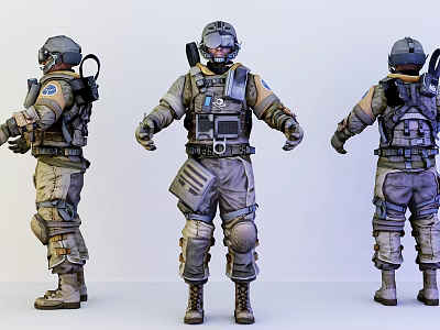 Man In Tactical Military Uniform Shown From Three Different Angles 3d model