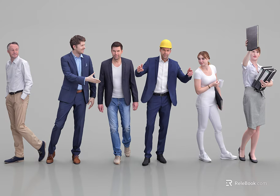 Group of Diverse Professionals in Business Suits Casual Wear and Construction Helmet Walking Together 3d model 