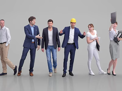 Group of Diverse Professionals in Business Suits Casual Wear and Construction Helmet Walking Together 3d model