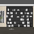 Modern Bookcase Interior With Stacked Books Wooden Floor And Decorative Painting