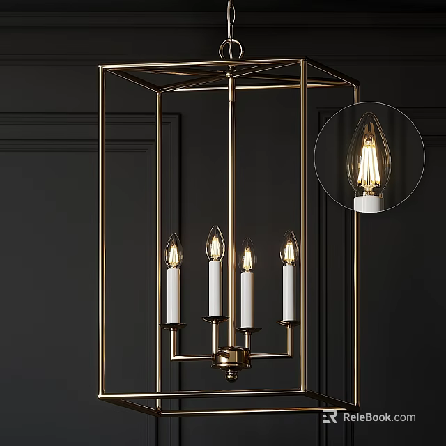 Gold Frame Chandelier With Lit Candle Shaped Bulbs On Dark Wall Background 3d model 