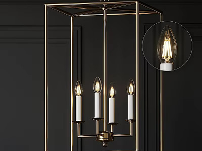 Gold Frame Chandelier With Lit Candle Shaped Bulbs On Dark Wall Background 3d model
