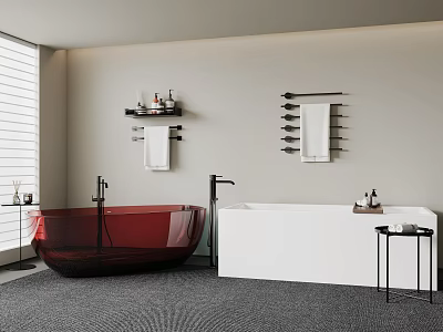 Modern Bathroom Interior With Red Glass And White Bathtubs Towel Rack And Toiletries 3d model