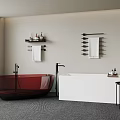 Modern Bathroom Interior With Red Glass And White Bathtubs Towel Rack And Toiletries