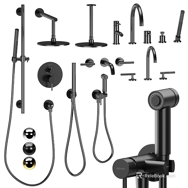 Black Bathroom Components Collection Featuring Shower Heads Faucets Hoses And Controls 3d model 
