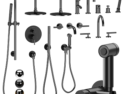 Black Bathroom Components Collection Featuring Shower Heads Faucets Hoses And Controls 3d model