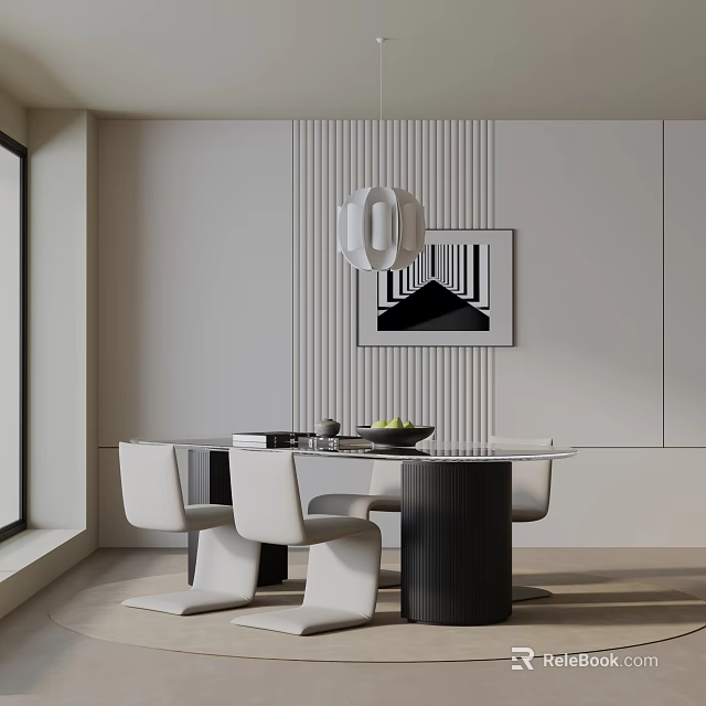 Modern Round Dining Table With White Chairs Black Legs Striped Wall Black White Painting Hanging Light 3d model 