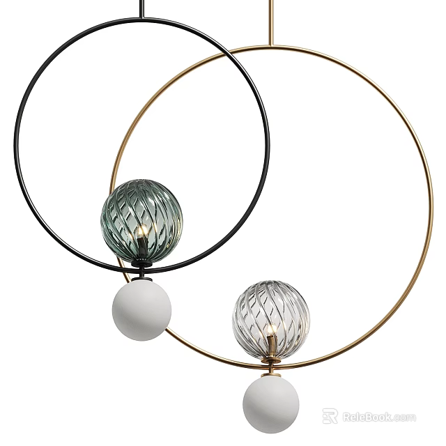 Modern Chandelier With Black Gold Circular Rings And Textured Glass Balls 3d model 