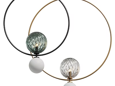 Modern Chandelier With Black Gold Circular Rings And Textured Glass Balls 3d model