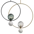 Modern Chandelier With Black Gold Circular Rings And Textured Glass Balls
