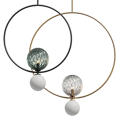 Modern Chandelier With Black Gold Circular Rings And Textured Glass Balls 3d model