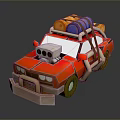 Red Car With Roof Luggage And Barrels And Front Bumper In 3D Cartoon Style