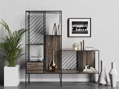 Modern Wooden Metal Frame Shelving Unit With Decorative Vases Books And Potted Plant 3d model