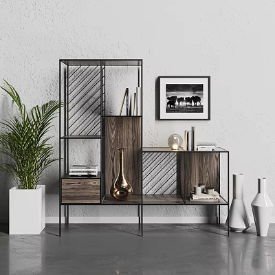 Modern Wooden Metal Frame Shelving Unit With Decorative Vases Books And Potted Plant 3d model