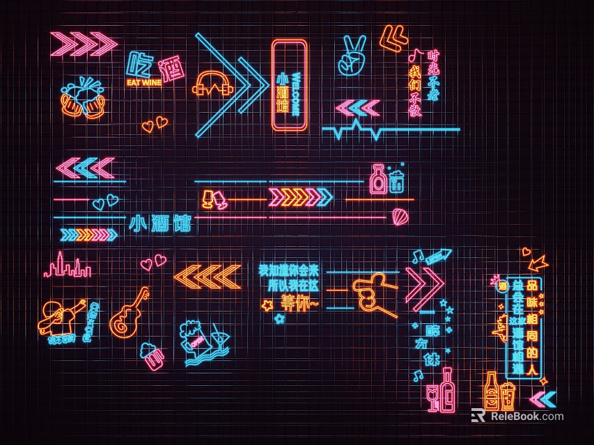 Colorful Neon Style Decorative Lights With Various Icons For Party Decoration 3d model 