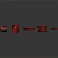 Red Circular Flanges Equipment With Various Sizes Arranged On Dark Background