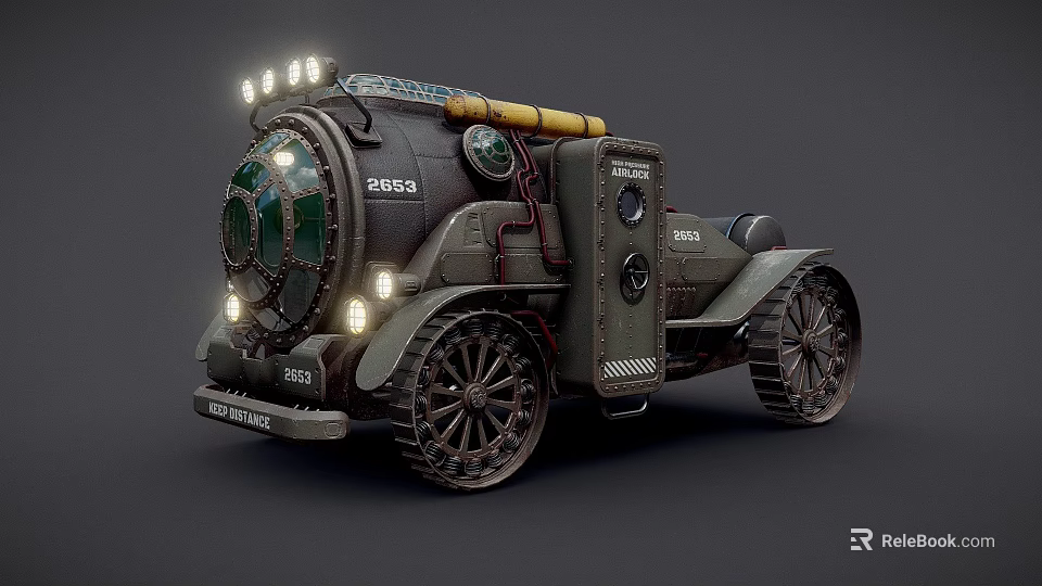 Vintage Steampunk Vehicle With Large Wheels Headlights And Mechanical Pipes 3d model 