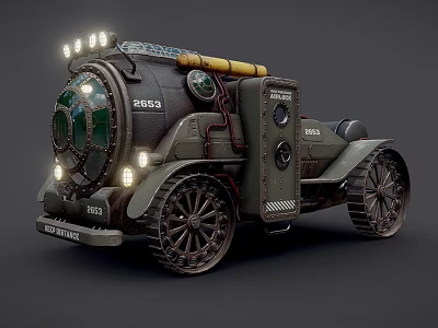 Vintage Steampunk Vehicle With Large Wheels Headlights And Mechanical Pipes 3d model