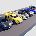Colored Car Models Arranged on Display Platform Showcasing Various Hues and Designs 3d model