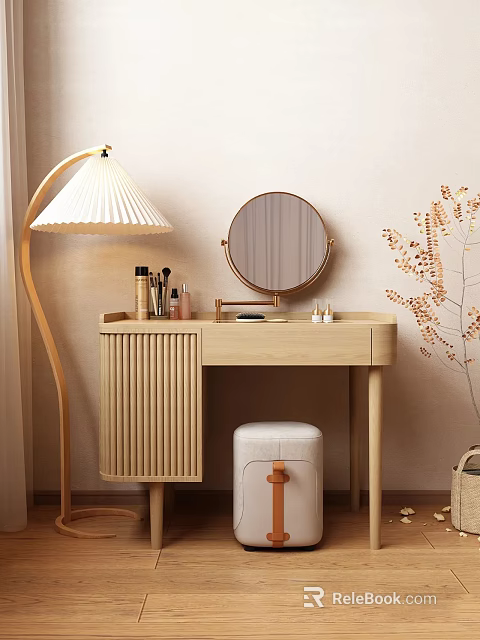 Wooden Dressing Table with Minimalist Design Round Mirror Floor Lamp and Cosmetics Soft Stool 3d model 