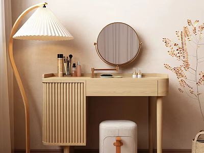 Wooden Dressing Table with Minimalist Design Round Mirror Floor Lamp and Cosmetics Soft Stool 3d model