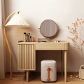 Wooden Dressing Table with Minimalist Design Round Mirror Floor Lamp and Cosmetics Soft Stool