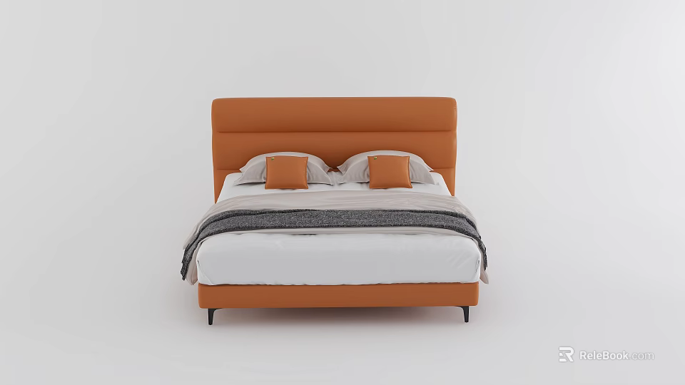 Modern Double Bed With Orange Headboard White Sheets Gray Blanket And Orange Pillows 3d model