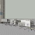 Modern Commercial Complex With Tall Building Low-Rise Structures And Pedestrian Activity Areas