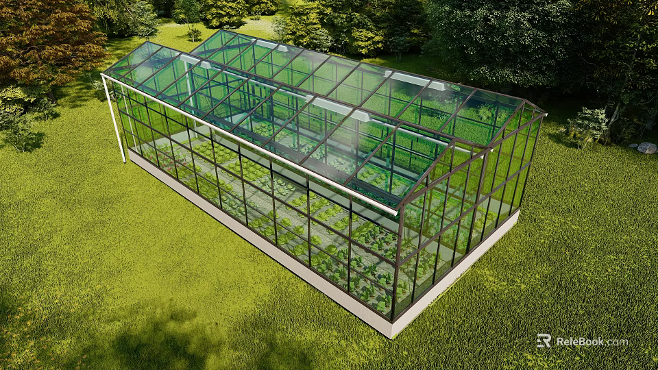 Glass Greenhouse With Transparent Walls And Interior Plants On Grass Field Surrounded by Trees 3d model 
